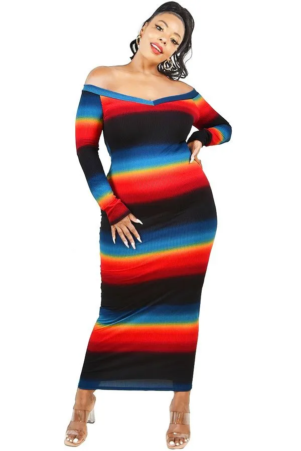 Intimate Play Plus Size Plus size rib knit stripe off shoulder bodycon maxi dress