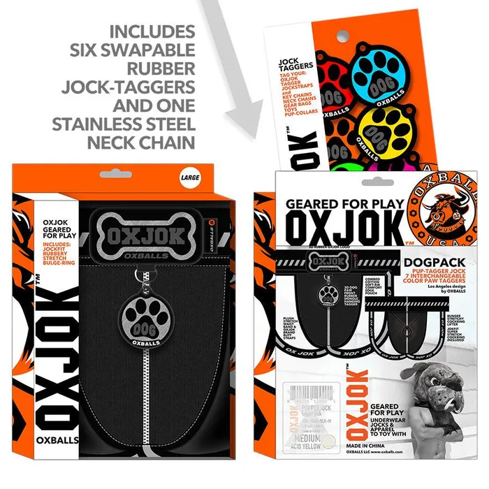 Vibrators | Oxjok Oxjok Dogpack - Jockstrap met 6 verschillende dog tags - Zwart/Zilver
